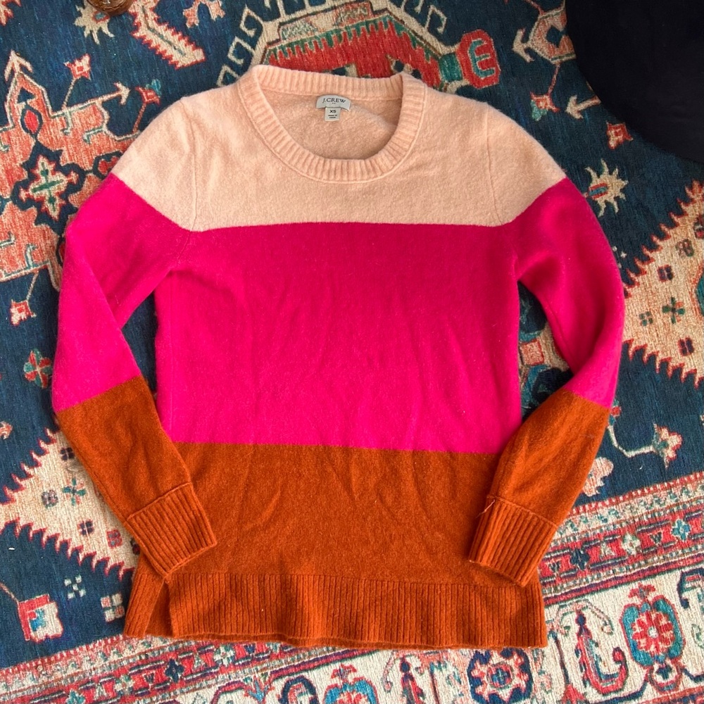 EUC J.Crew pink and orange stripe color block cozy sweater, size XS